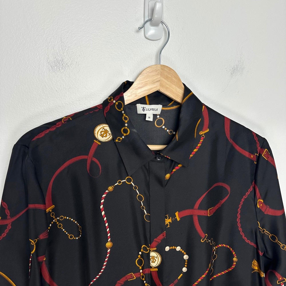 Lilysilk Louisville Print Silk Shirt Black Equestrian Chain Belt Blouse M - Picture 5 of 15